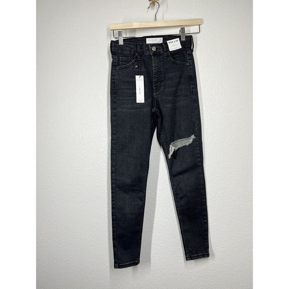 Topshop Jamie High Waisted Skinny Jean Size 25 Black Wash Distressed Knee - Picture 1 of 5